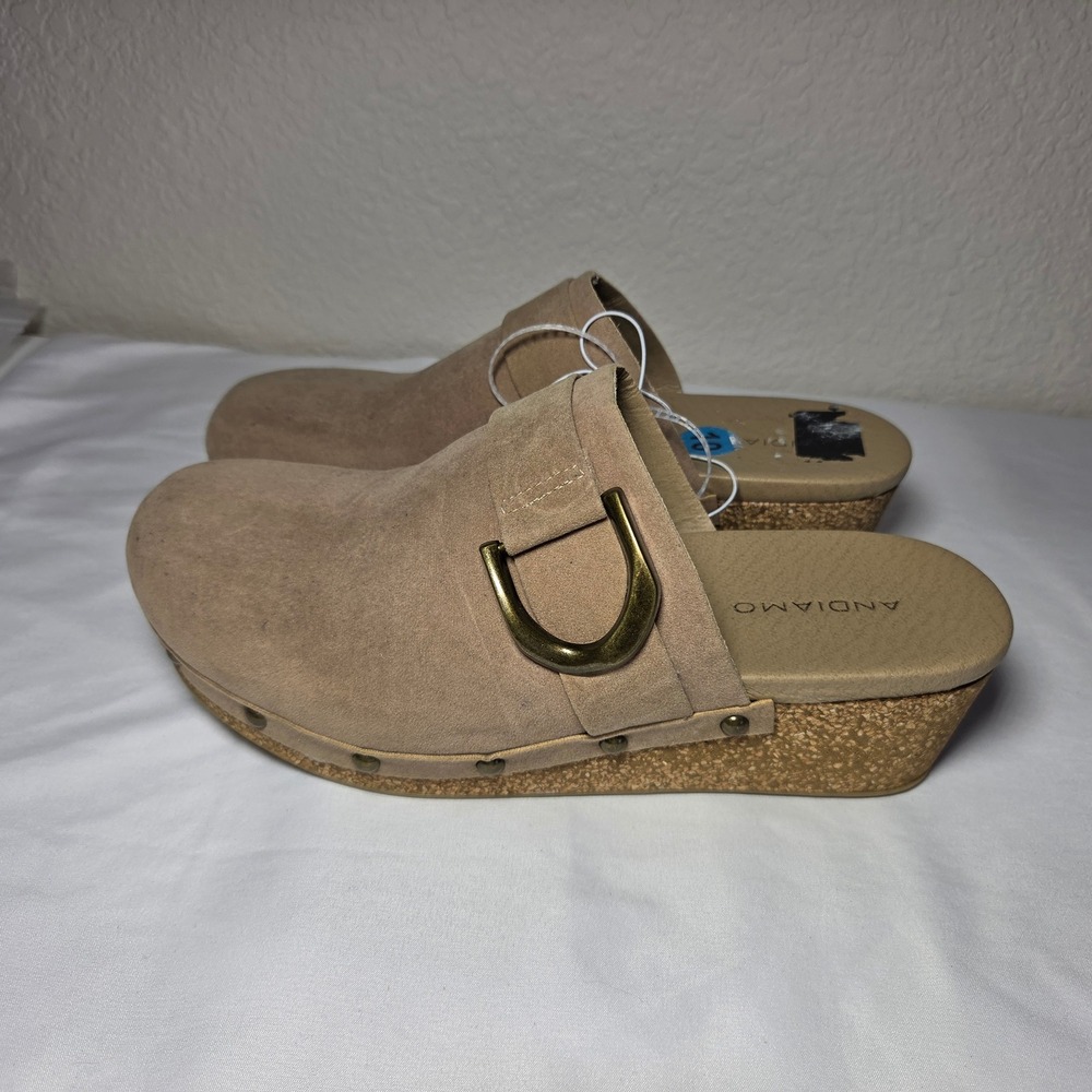 Andiamo Womens Tan Faux Suede Cork Wedge Clogs Studded Buckle Mules Size 10M
